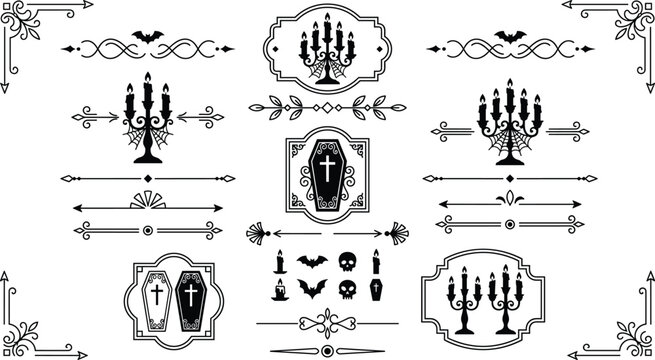 Halloween themed decorative borders and frames with candles bats and crosses