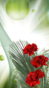 Bright red flowers with green leaves in a simple design on a light background