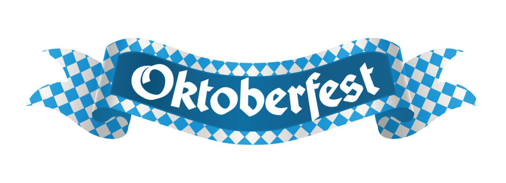 Oktoberfest Bavarian Ribbon Banner Design with Blue White Checks and Festive German Typography