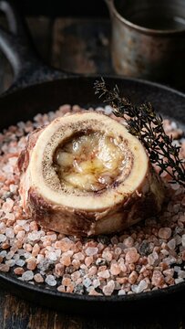 Roasted beef marrow bone served on pink salt in cast iron skillet with rustic lighting