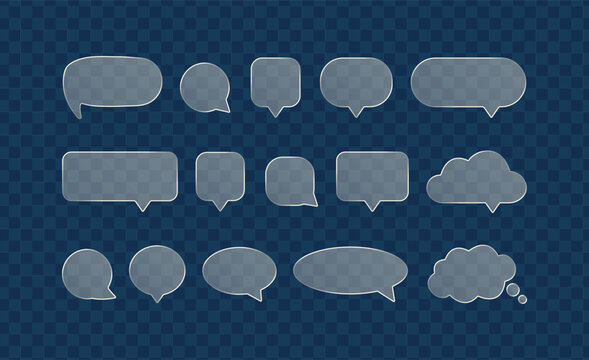Transparent glass morphism speech bubbles set with glowing white borders. Blank chat boxes Liquid glass message banners for modern UI UX web design and app design.