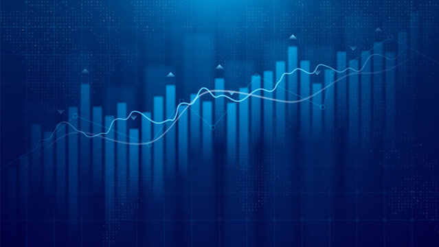 Business financial growth of graph or chart. Investment trading on stock market or success business concept. Vector illustration with financial graph and charts on dark blue background with grid, map.
