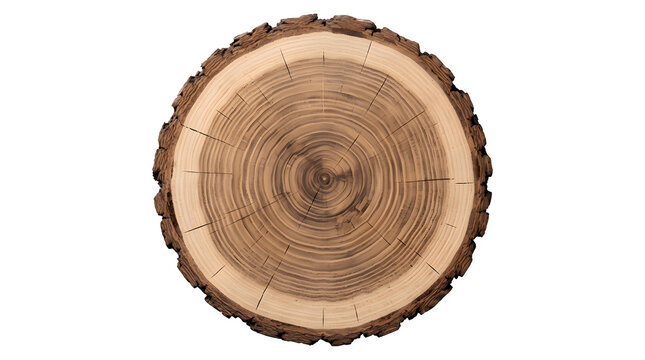 Round wooden tree trunk cross section showing growth rings with tree ring wood texture annual rings flat lay forestry carpentry material circular environment wildlife industry construction