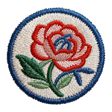 Embroidered patch with red rose and green leaf design