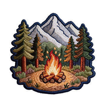 Embroidered patch showing mountain campfire in pine forest scene