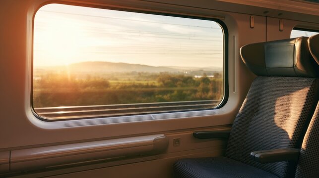 Interior view of empty comfortable train seat and large window with scenic landscape during beautiful golden hour sunrise or sunset light outside
