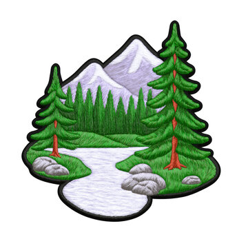 Embroidered patch showing forest landscape with mountain, pine tree, river and rock