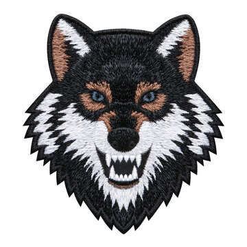 Embroidered patch featuring fierce wolf face with blue eyes and white fur