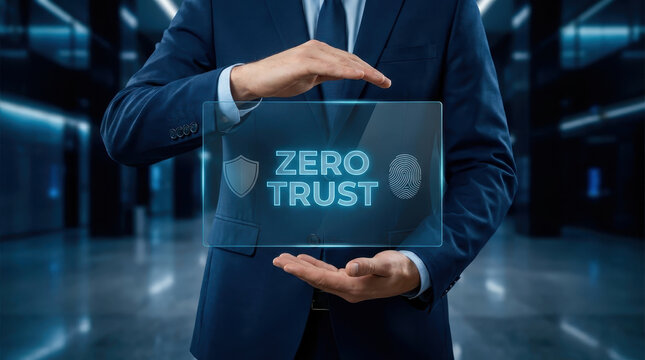 Zero trust cybersecurity concept with businessperson holding transparent shield interface in secure server room, conveying confidence, digital protection, and advanced data privacy