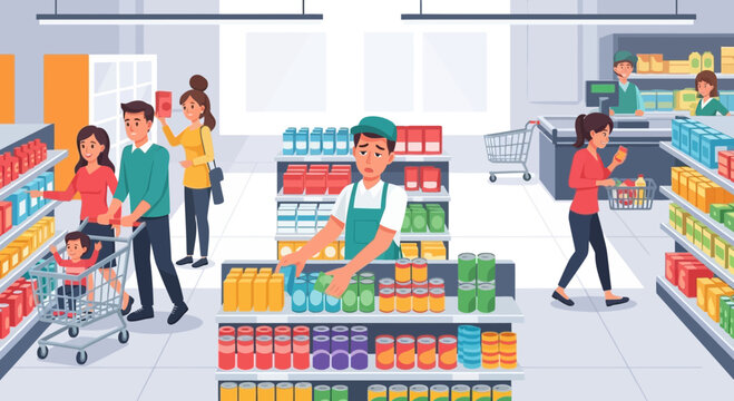 Supermarket shopping scene with diverse people and staff restocking shelves