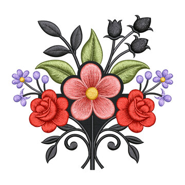 Floral embroidered patch with red rose and pink flower arrangement