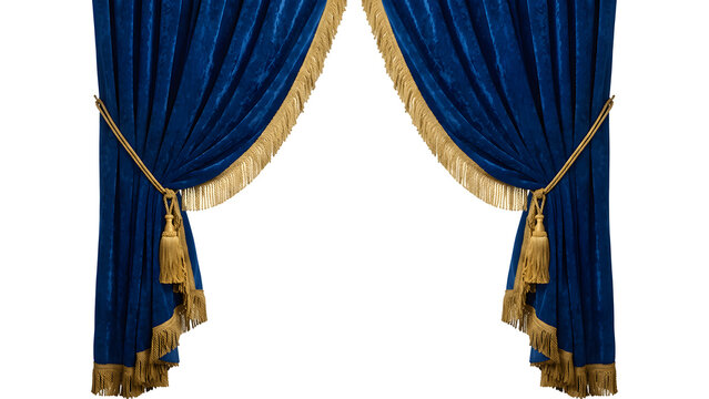 Luxurious royal blue velvet theatre curtains with golden tassels tied back velvet curtain blue drape stage curtain theatre decor luxury drapery golden tassel window treatment ornate fringe