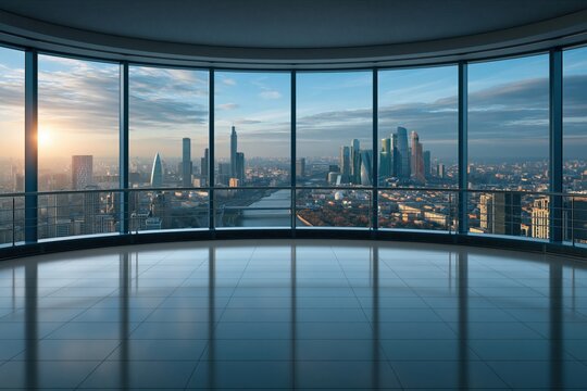 Meeting Background - Modern office interior with panoramic city view at sunrise