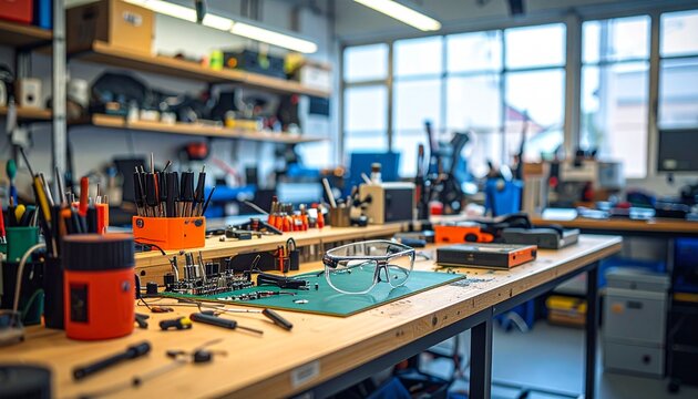 Japanese community makerspace electronics bench with soldering tools