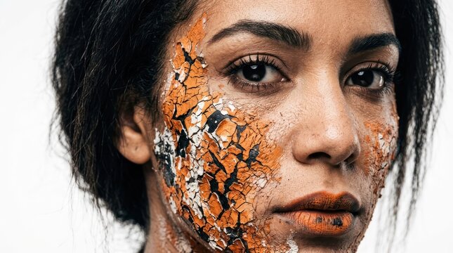 Portrait of woman with cracked clay face texture and dramatic lighting