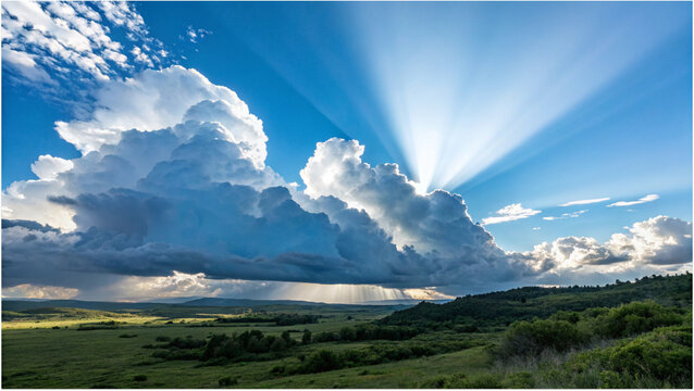 A serene landscape with a large cloud formation and sun rays in a blue sky