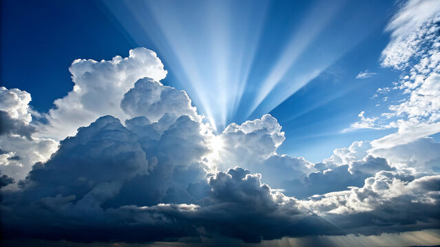 A bright sun shining through large white clouds in a clear blue sky