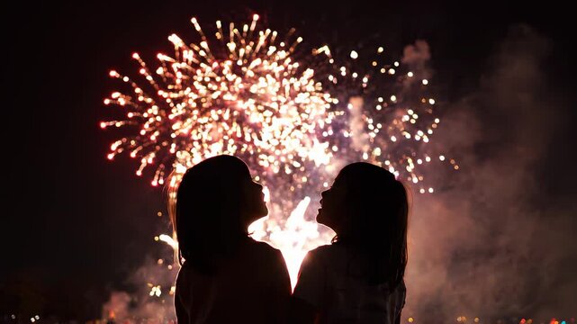 Silhouette of two young girls watching a spectacular fireworks show at night, celebrating a special event.
