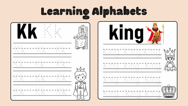 Educational alphabet tracing worksheet for letter K, king themed handwriting practice page, preschool learning activity sheet