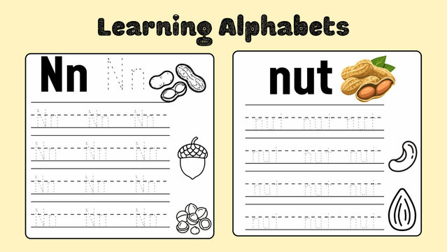 Educational alphabet tracing worksheet for letter N, learning alphabets handwriting practice page, nut themed preschool activity sheet