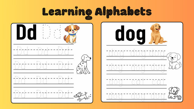 Educational alphabet tracing worksheet for letter D, preschool learning dog theme activity, kids handwriting practice page