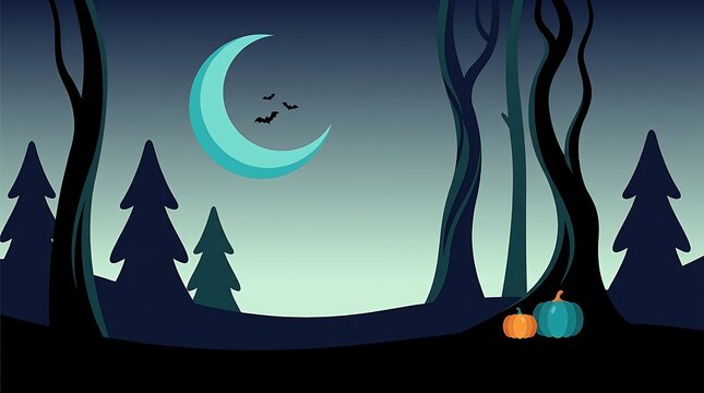 Spooky halloween night forest landscape with crescent moon and silhouette trees