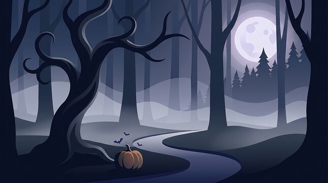 Creepy halloween forest path at night with full moon and spooky bare trees