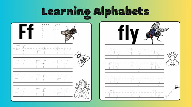 Learning Alphabets tracing worksheet for letter F, educational fly insect handwriting practice, preschool literacy activity page