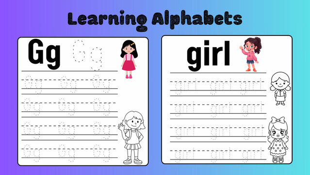 Educational alphabet tracing worksheet for kids, letter G learning activity page, preschool handwriting practice with girl illustration