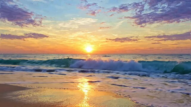 Golden hour sunset over tropical ocean waves rolling onto sandy beach shoreline sunrise