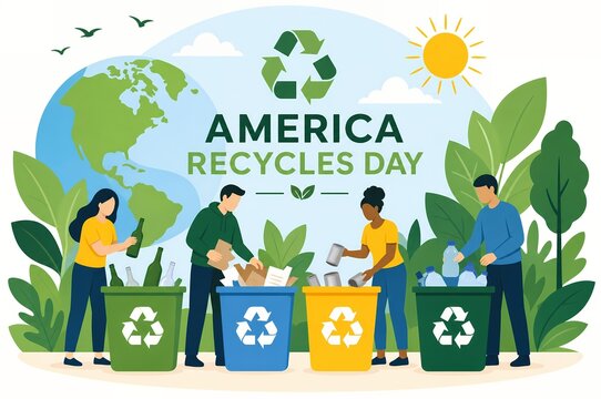 America Recycles Day Flat Illustration of People Sorting Waste