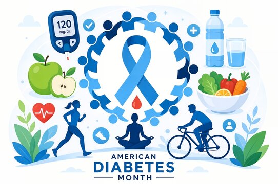American Diabetes Month Illustration with Ribbon and Healthy Lifestyle Icons
