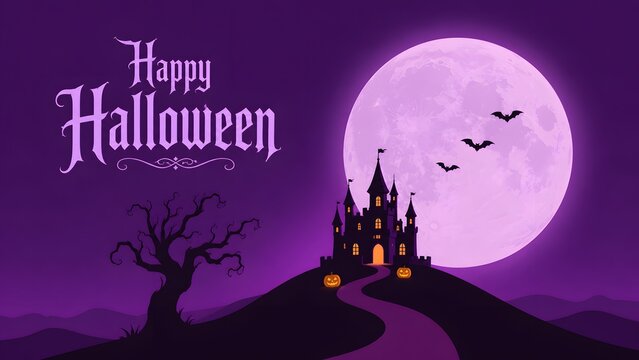 Embrace the spooky season with this enchanting halloween scene featuring a majestic castle silhouetted against a vibrant full moonlit night sky