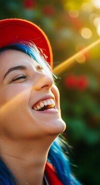 Young woman with blue hair smiling happily outdoors.