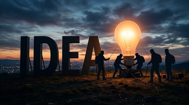 Silhouette of people with giant lightbulb and the word IDEA