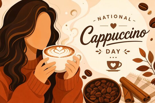 National Cappuccino Day Illustration with Woman Drinking Coffee