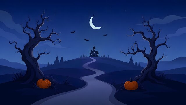 A spooky halloween night scene a winding path leads to a haunted house under a crescent moon surrounded by bare trees and