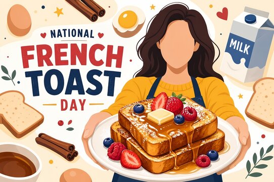 National French Toast Day Illustration with Woman Holding Breakfast Plate