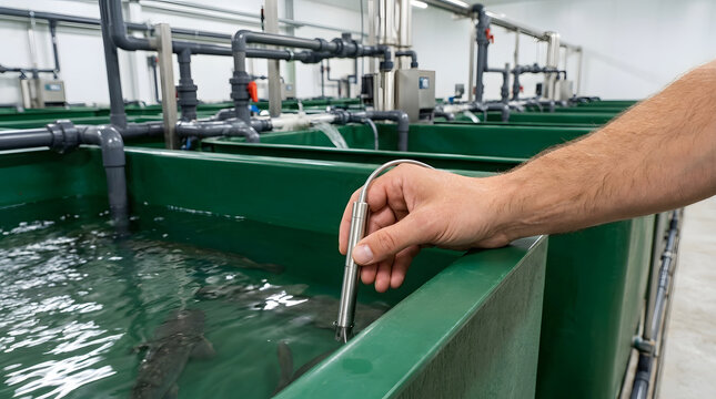 Hand Holding Water Quality Sensor in Modern Indoor Aquaculture Facility