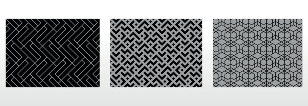 Geometric set of seamless black and gray patterns. Simple vector graphics