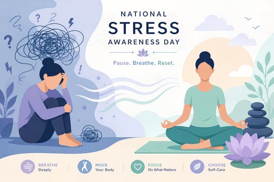 National Stress Awareness Day Infographic with Meditation and Anxiety Comparison