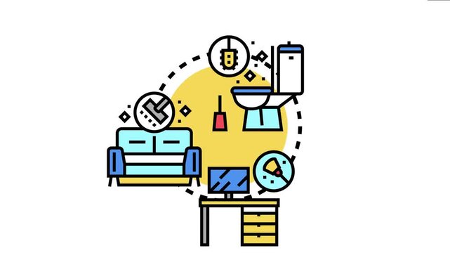 Professional cleaning services icon showing various cleaning tools and processes, highlighting hygienic sanitation for both residential and commercial spaces with a colorful outline style