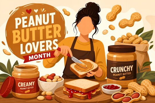 Peanut Butter Lovers Month Illustration with Woman Spreading Toast