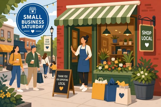 Small Business Saturday Illustration of People Shopping Local Storefront