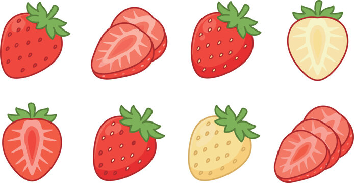 Fresh strawberry vector set with whole ripe red fruits white pineberry varieties and cut slices isolated on white background flat illustration