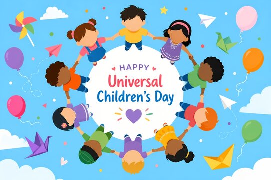 Happy Universal Children's Day Illustration of Diverse Kids Holding Hands