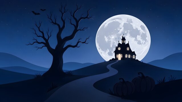 A spooky and atmospheric halloween night scene featuring a silhouetted haunted house dramatically lit by a large full moon and bare trees