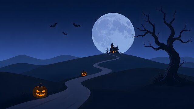 A spooky halloween night scene featuring a silhouetted castle glowing jack o' lanterns and a large full moon in a dark mysterious
