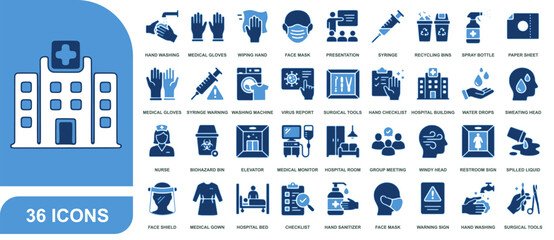 Fototapeta premium Medical and healthcare solid icon set, 36 hospital service vector symbols, blue clinical glyph icons for healthcare apps and web design