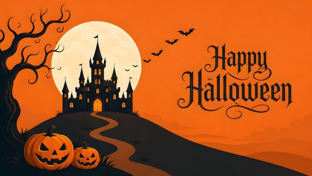 A spooktacular halloween night celebrating with jack o' lanterns haunted castles bats and the eerie glow of a full moon in autumn